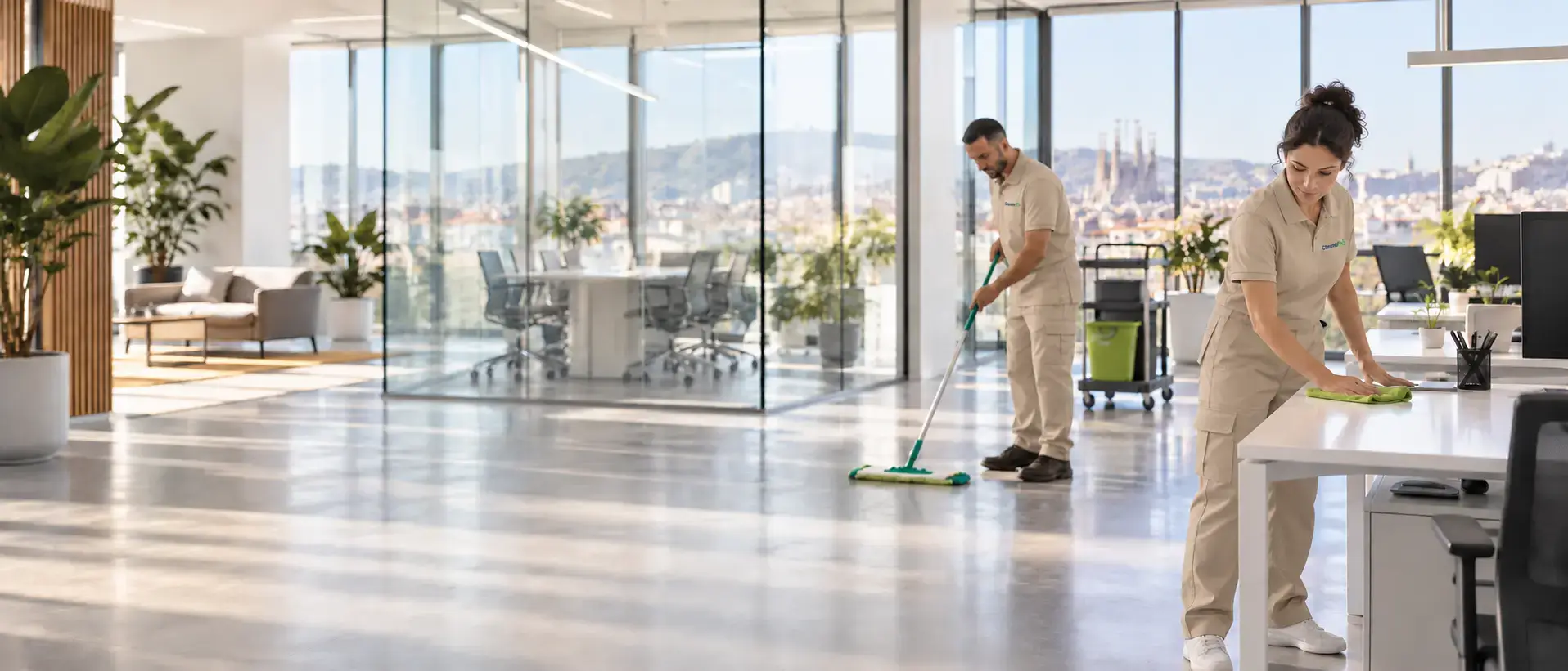 CleanoPro cleaning team in beige uniforms working in a modern Barcelona office