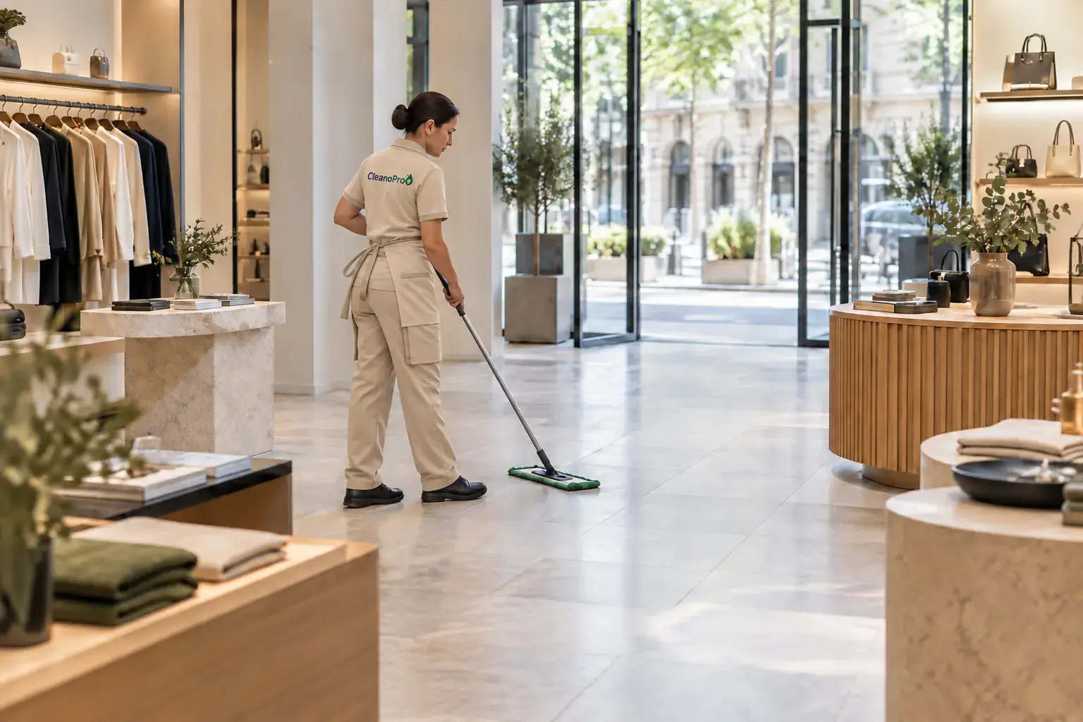 CleanoPro retail cleaner in a beige uniform in Barcelona