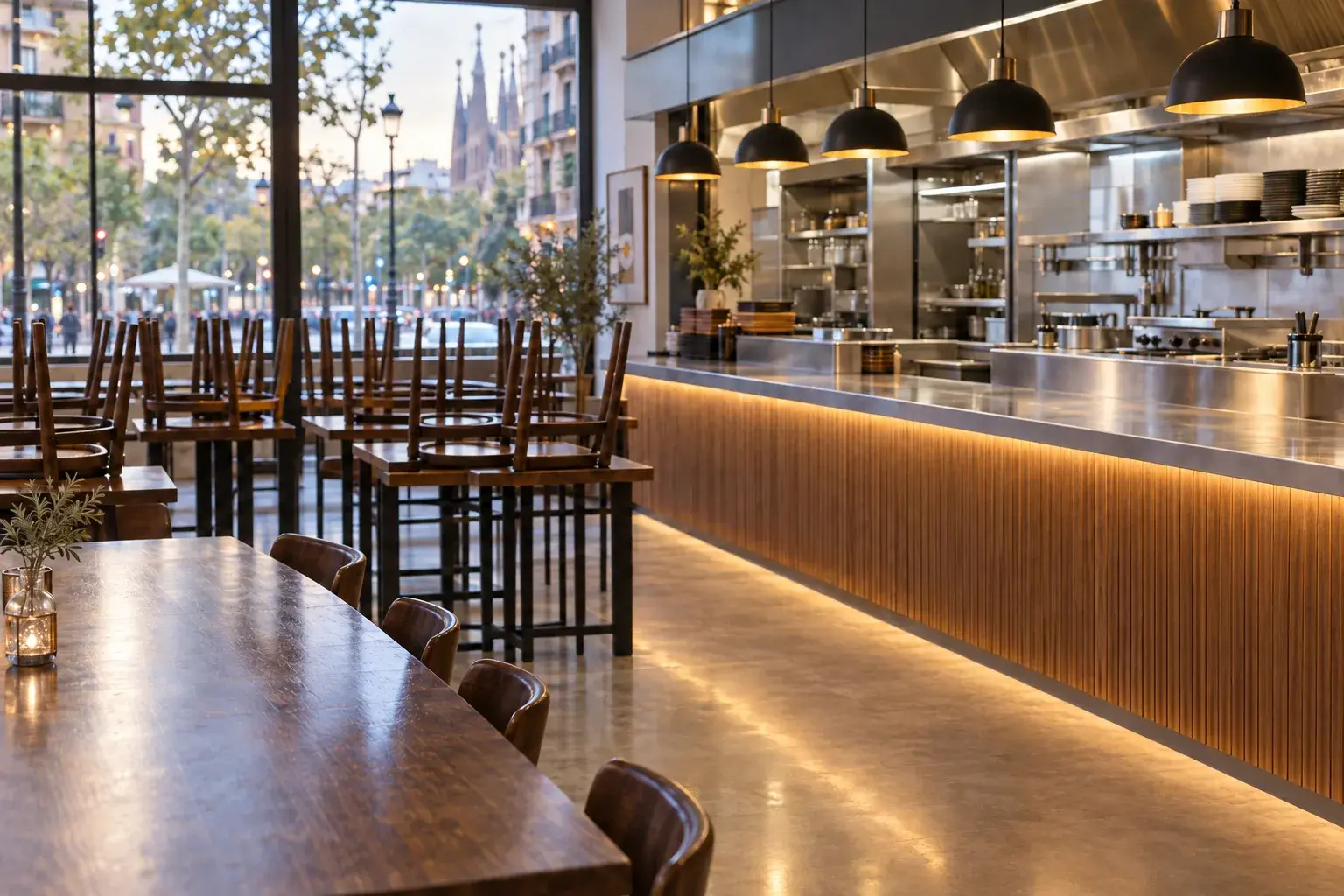 Clean restaurant dining area and professional kitchen in Barcelona